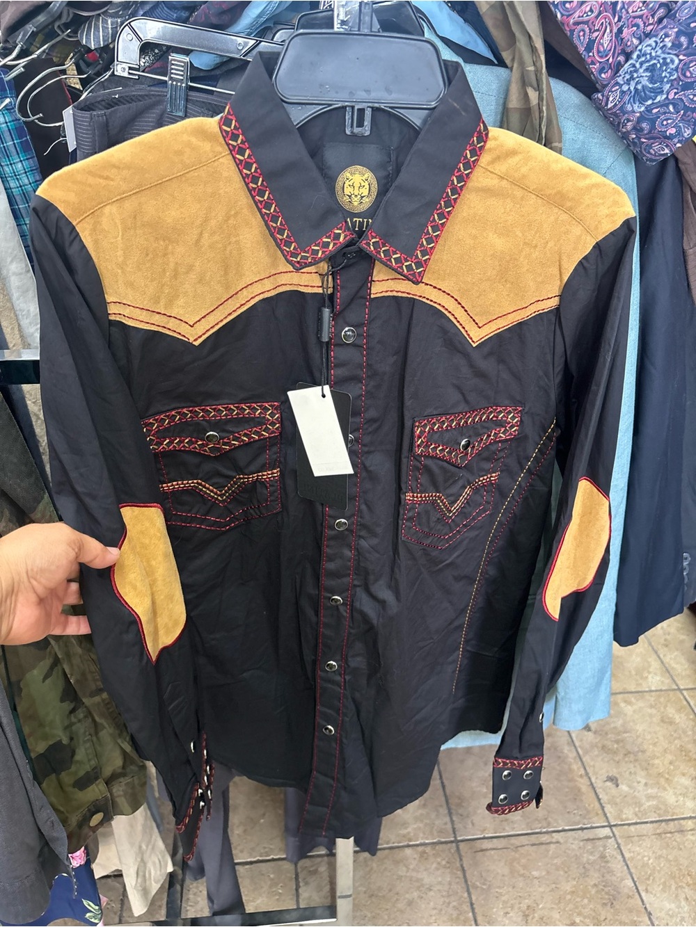 PLATINI,Black Western Shirt with Tan Suede Yoke & Elbow Patches